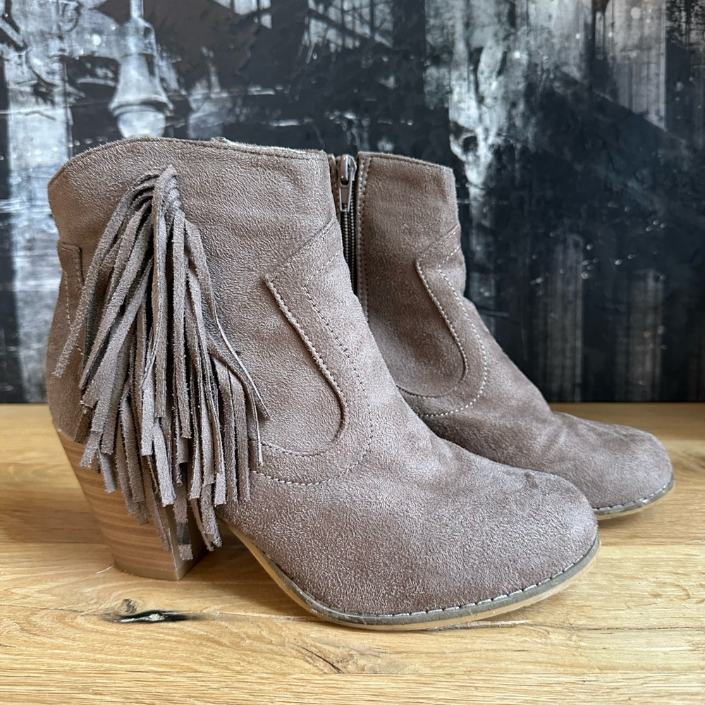 Taupe Fringe Booties Size 8